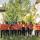 People wearing orange T-shirts stand in front of a row of trees. There is long grass in the foreground. The T-shirts bear images of small hand prints grouped in a heart shape with the number 215+ above them.